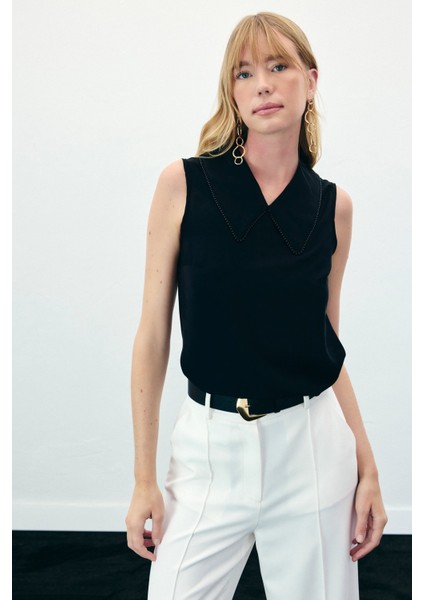 Yaka Incili Kolsuz Bluz - Siyah modelleri