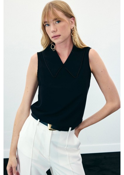 Yaka Incili Kolsuz Bluz - Siyah fırsatları