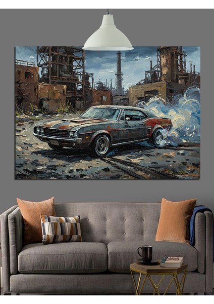 Yıkık Duvar Yanında Klasik Araba Dekoratif Kanvas - Mdf Ahşap Tablo