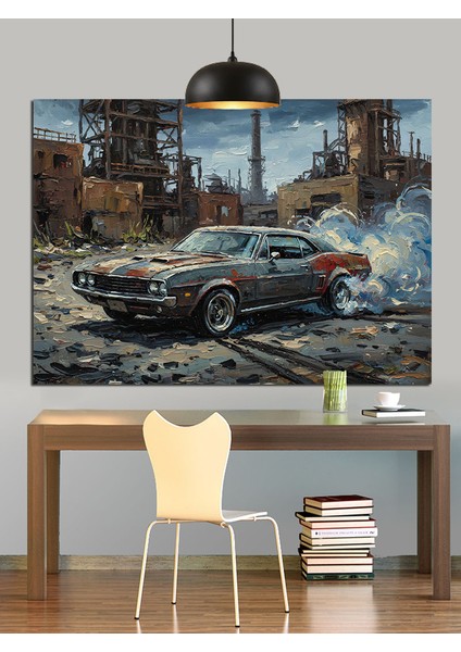 Yıkık Duvar Yanında Klasik Araba Dekoratif Kanvas - Mdf Ahşap Tablo fiyatları