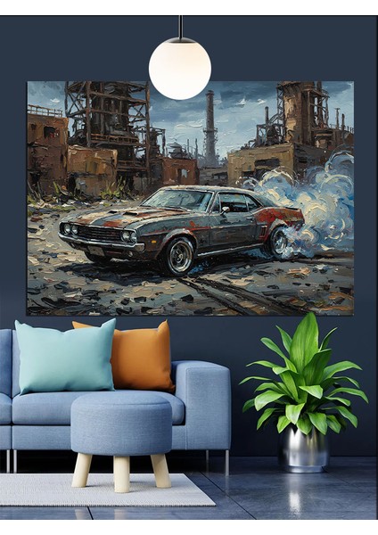 Yıkık Duvar Yanında Klasik Araba Dekoratif Kanvas - Mdf Ahşap Tablo modelleri