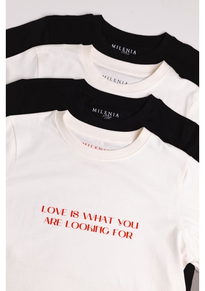 Siyah Baskılı Kadın Tişört Organik Koton Yuvarlak Yakalı Regular Fit T-Shirt Normal Kesim fiyatları