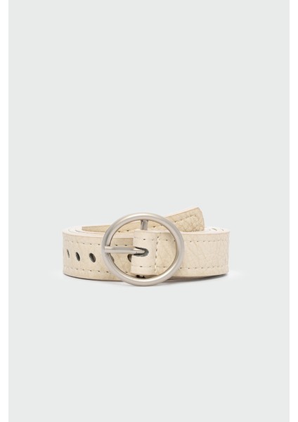 Yuvarlak Tokalı Delikli Suni Deri Kemer Krem