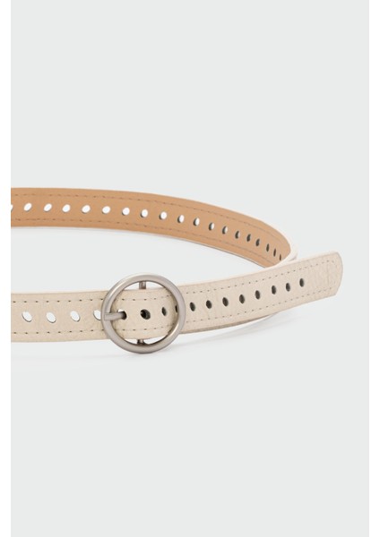 Yuvarlak Tokalı Delikli Suni Deri Kemer Krem fiyatları