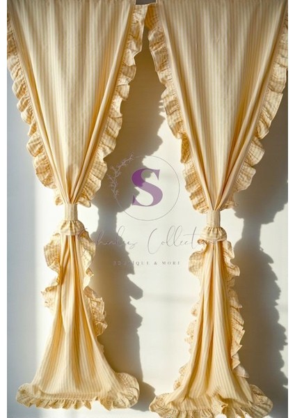 Cift Taraflı Fırfırlı Sarı Çizgili Vintage Pamuk Keten Perde (En x Boy) - Tek Kanat - Pilesiz fiyatları