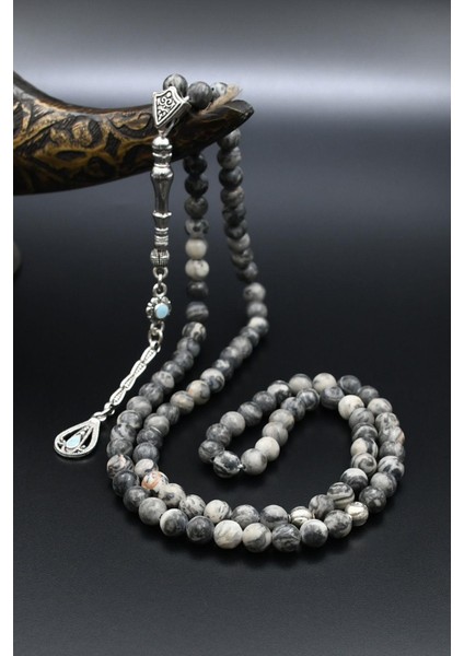 Doğal Gri Jasper Taşlı 99'lük Tesbih Metal Püsküllü 6mm Küre Kesim 902265