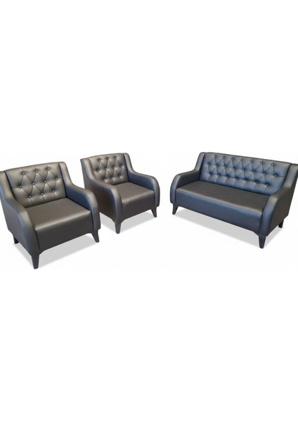 Siyah Deri Chester Ofis Koltuk Takımı Ofis Koltuğu Büro Koltuk ve Kanepeleri - 2+1+1