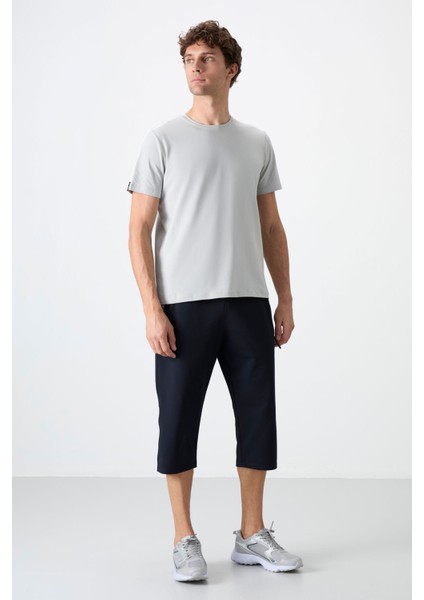 Lacivert - Beyaz Fermuar Cepli Standart Kalıp Klasik Paça Erkek Kapri - 83091