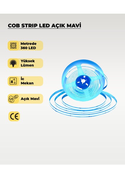 12V Cob Şerit LED Açık Mavi Işık - Metrede 360 LED - 5 Metre
