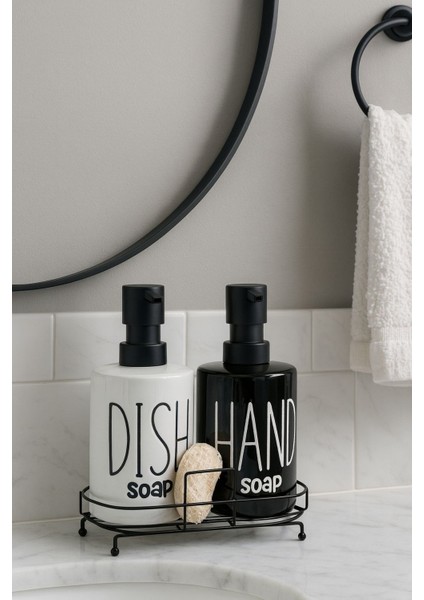 2'li Metal Standlı Süngerli Sabunluk Seti - Mutfak Sıvı Sabun Bulaşık Deterjanı Şişesi 400ML - Siyah-Beyaz
