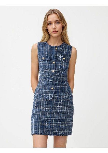 Lacivert Ekose Desenli Normal Bel Dokuma Mini Etek