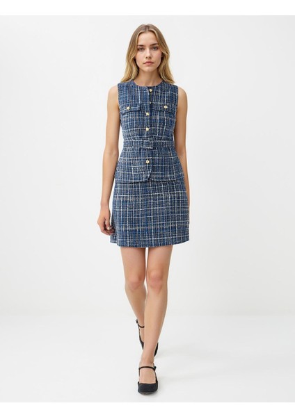 Lacivert Ekose Desenli Normal Bel Dokuma Mini Etek fiyatları