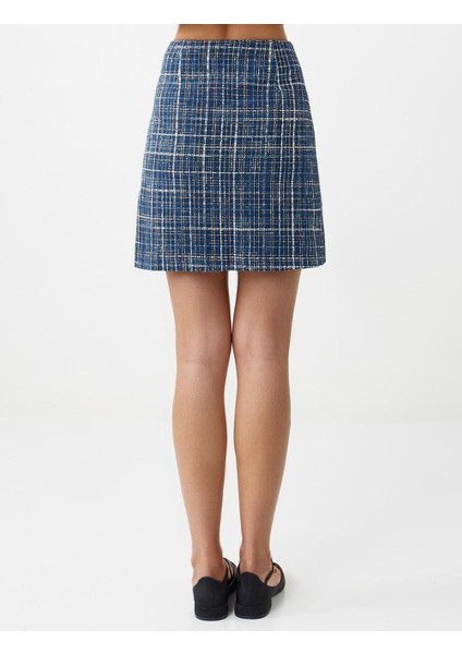 Lacivert Ekose Desenli Normal Bel Dokuma Mini Etek