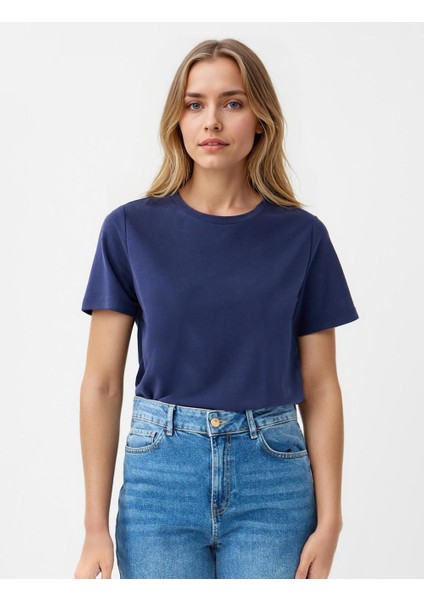 Lacivert Bisiklet Yaka Kısa Kollu Modal Örme Tişört