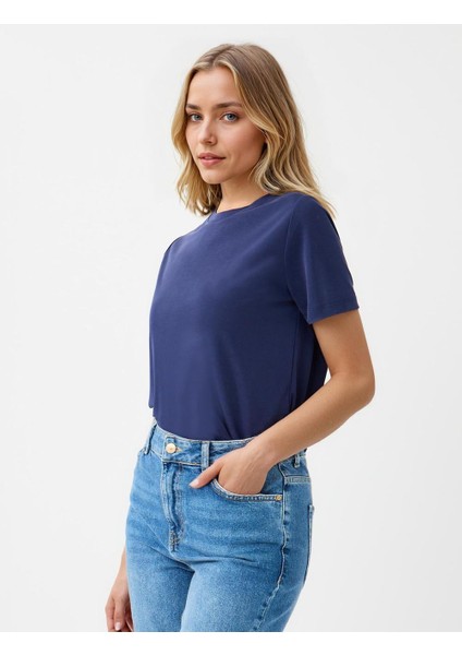 Lacivert Bisiklet Yaka Kısa Kollu Modal Örme Tişört modelleri