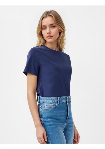 Lacivert Bisiklet Yaka Kısa Kollu Modal Örme Tişört fırsatları