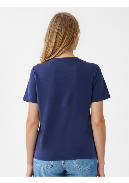 Lacivert Bisiklet Yaka Kısa Kollu Modal Örme Tişört indirimleri