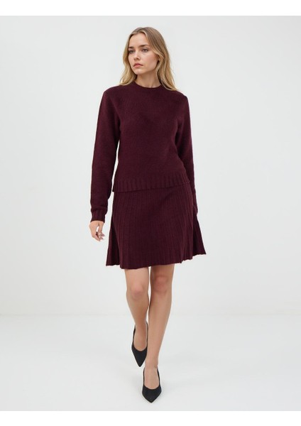 Bordo Yüksek Bel Piliseli Mini Triko Etek