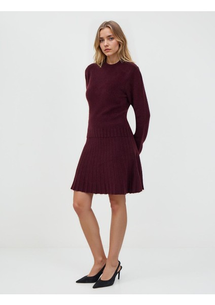 Bordo Yüksek Bel Piliseli Mini Triko Etek fiyatları