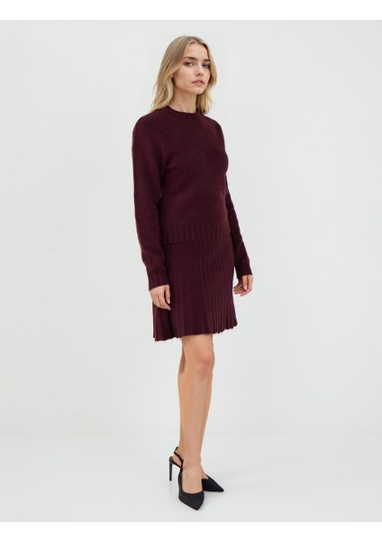 Bordo Yüksek Bel Piliseli Mini Triko Etek modelleri