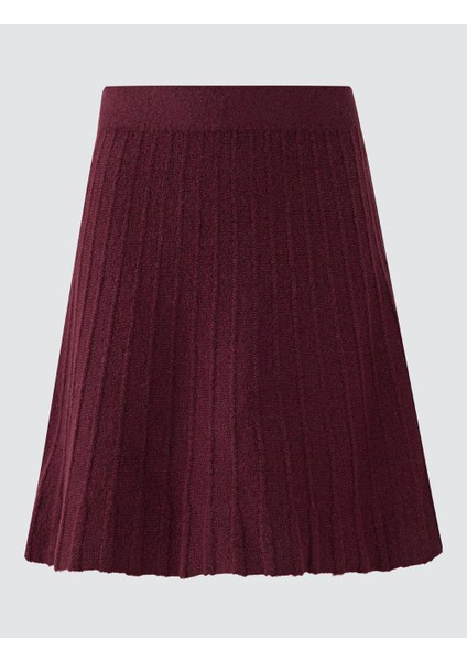 Bordo Yüksek Bel Piliseli Mini Triko Etek