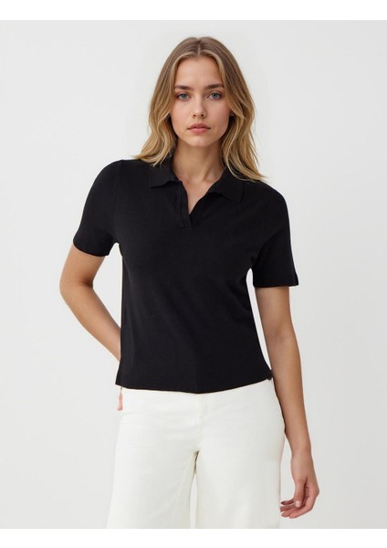 Siyah Dar Kesim Kısa Kollu Gömlek Yaka Triko Tişört