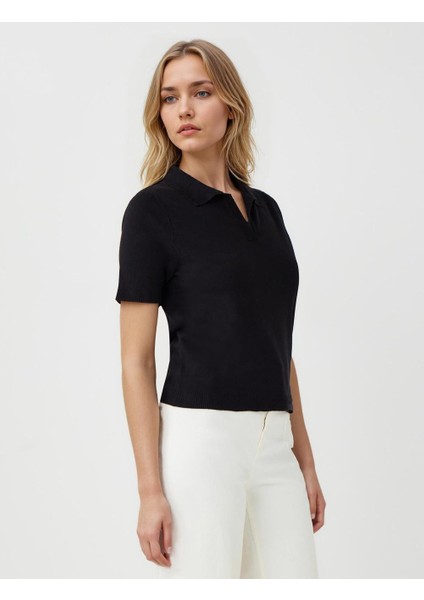 Siyah Dar Kesim Kısa Kollu Gömlek Yaka Triko Tişört fırsatları