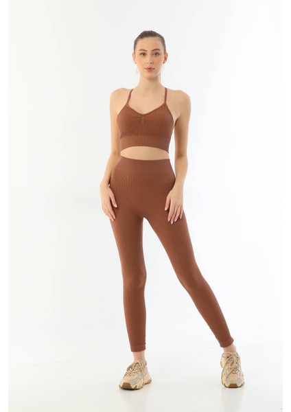 Kahve Mı Emay 3921 Soft Seamless Ripli Tayt Yoga Takımı modelleri