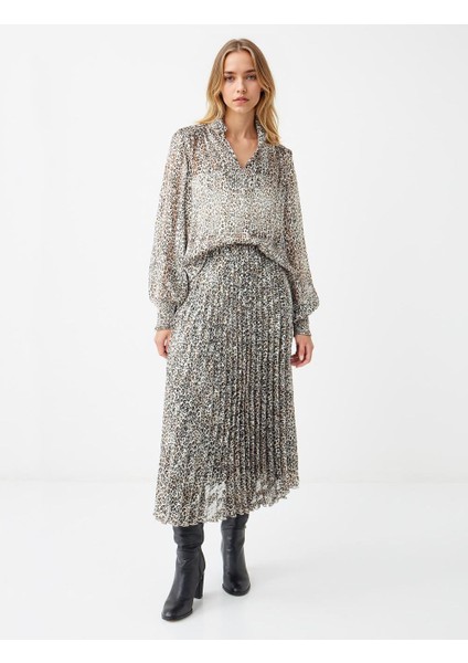 Ekru Normal Bel Leopar Desenli Midi Şifon Etek