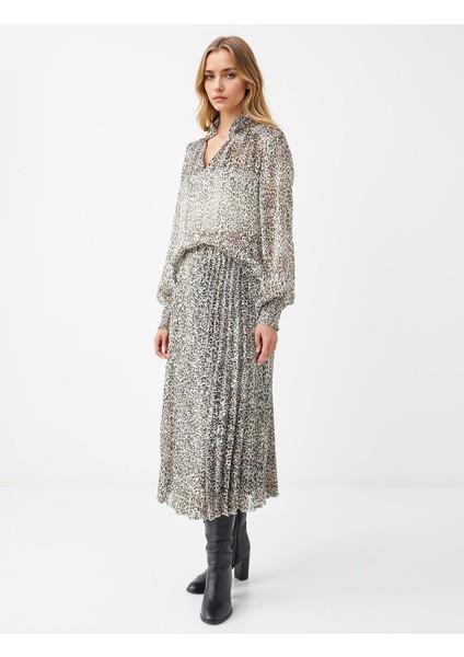 Ekru Normal Bel Leopar Desenli Midi Şifon Etek fiyatları