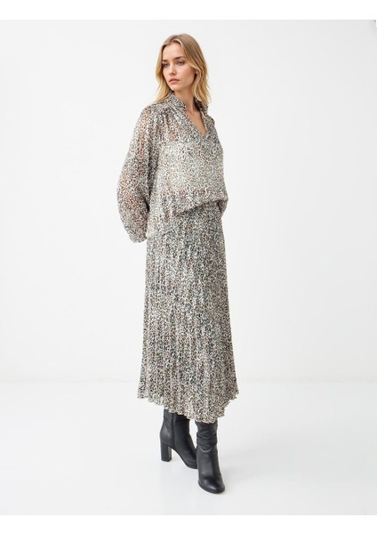 Ekru Normal Bel Leopar Desenli Midi Şifon Etek modelleri