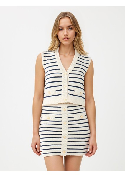 Ekru Normal Bel Çizgi Desenli Mini Triko Etek