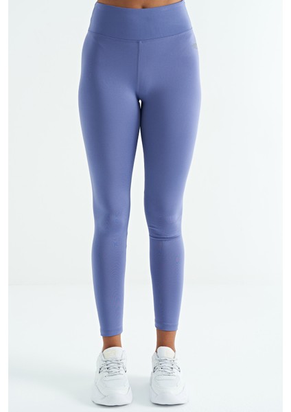 Eflatun Logo Baskı Detaylı Yüksek Bel Dalgıç Kumaş Slim Fit Kadın Tayt - 94627