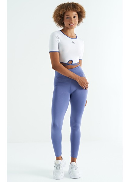 Eflatun Logo Baskı Detaylı Yüksek Bel Dalgıç Kumaş Slim Fit Kadın Tayt - 94627