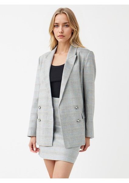 Grı Dar Kesim Normal Bel Ekose Desenli Mini Etek