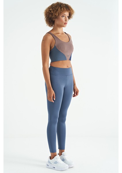 Petrol Logo Baskı Detaylı Yüksek Bel Dalgıç Kumaş Slim Fit Kadın Tayt - 94627