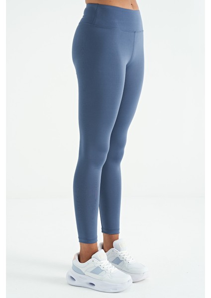 Petrol Logo Baskı Detaylı Yüksek Bel Dalgıç Kumaş Slim Fit Kadın Tayt - 94627