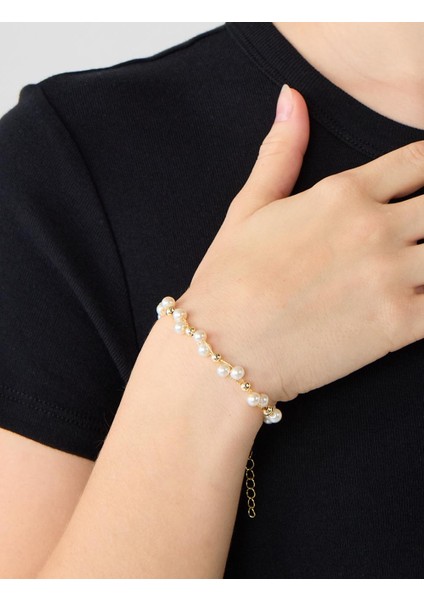 Altın Rengi Inci Detaylı Altın Kaplama Ayarlanabilir Bileklik