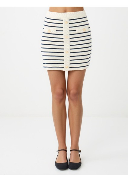 Ekru Normal Bel Çizgi Desenli Mini Triko Etek indirimleri