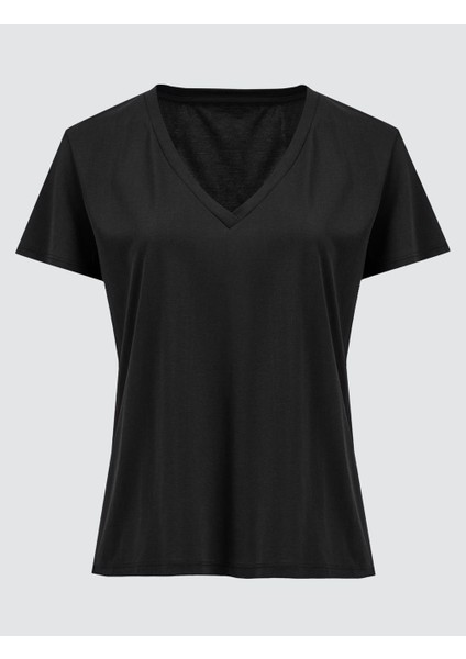 Siyah Düz Kesim V Yaka Kısa Kollu Basic Örme Tişört