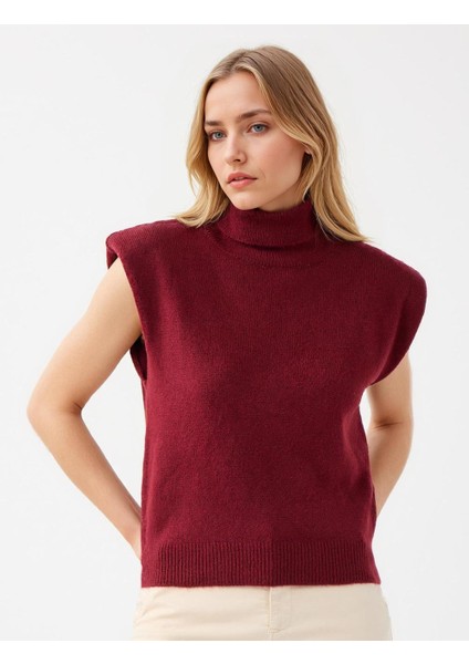 Bordo Balıkçı Yaka Kolsuz Triko Süveter modelleri