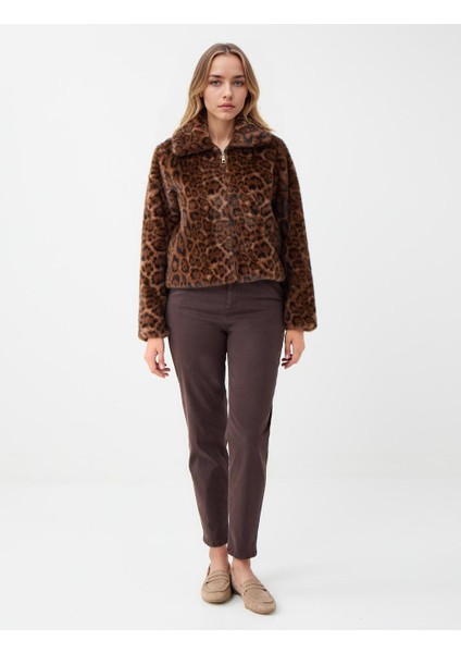 Kahverengi Leopar Desenli Cep Detaylı Peluş Mont fiyatları