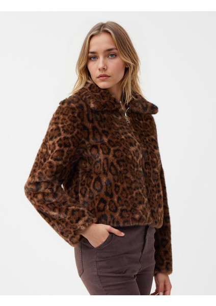 Kahverengi Leopar Desenli Cep Detaylı Peluş Mont fırsatları