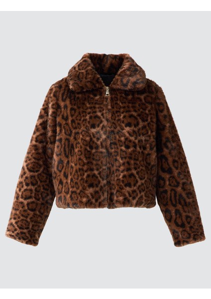 Kahverengi Leopar Desenli Cep Detaylı Peluş Mont
