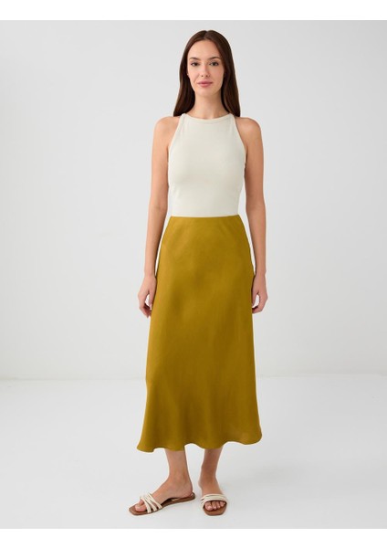 Yağ Yeşili Normal Bel Dar Kesim Uzun Saten Etek