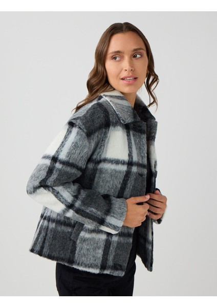 Siyah Uzun Kollu Ceket Yaka Desenli Kaşe Mont