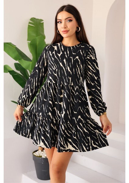 Kadın Zebra Siyah Krem Desenli Uzun Kollu Mini Elbise - Kadın Elbise