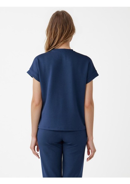 Lacivert Kısa Kollu Bisiklet Yaka Şerit Detaylı Örme Tişört indirimleri