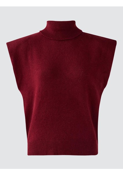 Bordo Balıkçı Yaka Kolsuz Triko Süveter