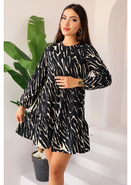 Kadın Zebra Siyah Krem Desenli Uzun Kollu Mini Elbise - Kadın Elbise fiyatları